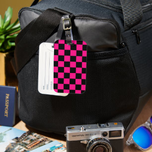 Karierte Quadrate Hot Pink Schwarz geometrisch Ret Gepäckanhänger