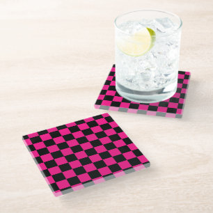 Karierte Quadrate Hot Pink Schwarz geometrisch Ret Glasuntersetzer