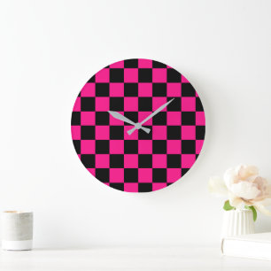 Karierte Quadrate Hot Pink Schwarz geometrisch ret Große Wanduhr