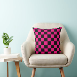 Karierte Quadrate Hot Pink Schwarz geometrisch Ret Kissen