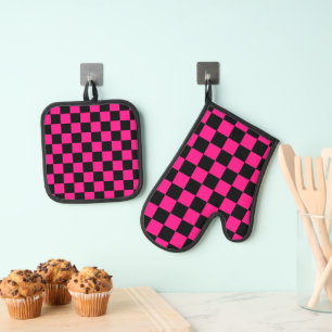 Karierte Quadrate Hot Pink Schwarz geometrisch Ret Ofenhandschuh & Topflappen-Set