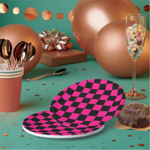Karierte Quadrate Hot Pink Schwarz geometrisch Ret Pappteller