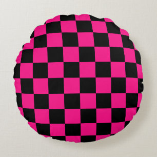 Karierte Quadrate Hot Pink Schwarz geometrisch Ret Rundes Kissen