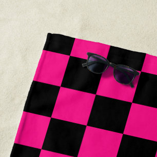 Karierte Quadrate Hot Pink Schwarz geometrisch Ret Strandtuch