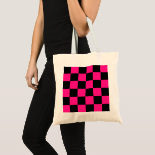 Karierte Quadrate Hot Pink Schwarz geometrisch Ret Tragetasche