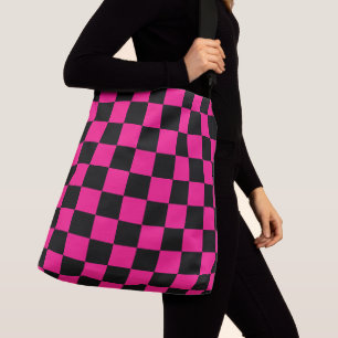 Karierte Quadrate Hot Pink Schwarz geometrisch Ret Tragetaschen Mit Langen Trägern