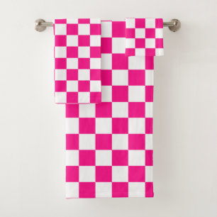 Karierte Quadrate Hot Pink Weiße geometrische Retr Badhandtuch Set