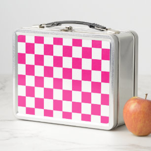 Karierte Quadrate Hot Pink Weiße Geometrische Retr Metall Brotdose