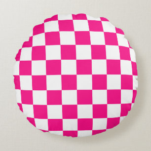 Karierte Quadrate Hot Pink Weiße Geometrische Retr Rundes Kissen