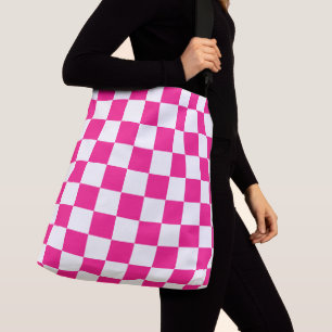 Karierte Quadrate Hot Pink Weiße Geometrische Retr Tragetaschen Mit Langen Trägern