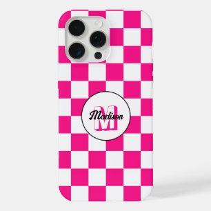 Karierte Quadrate Hot Pink Weiße Retro-Monogramm iPhone 15 Pro Max Hülle