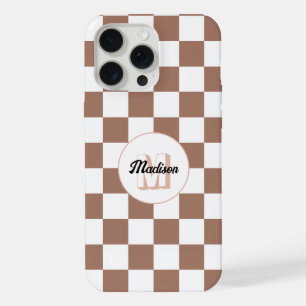 Karierte Quadrate Mocha Braun Weiß Retro Monogramm iPhone 15 Pro Max Hülle