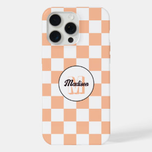 Karierte Quadrate Pfirsich weiß Retro-Monogramm iPhone 15 Pro Max Hülle