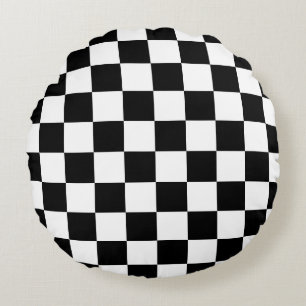 Karierte Quadrate schwarz-weiß geometrisch retro Rundes Kissen