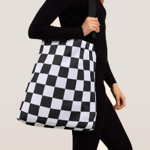 Karierte Quadrate schwarz-weiß geometrisch Retro Tragetaschen Mit Langen Trägern