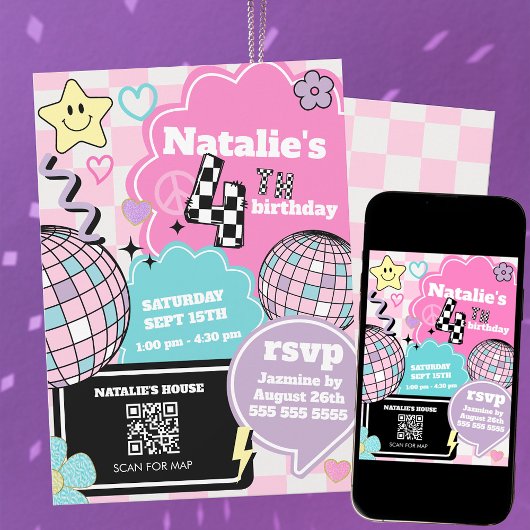 Karierte Retro Groovy Disco 4. Geburtstag Party Einladung