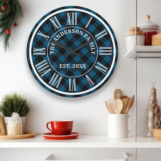 Karierte römische Navy und Black Buffalo Große Wanduhr