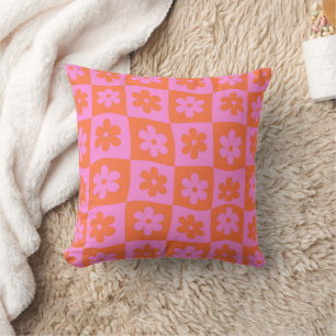 Karierte rosa orange Retro-verzerrte Blumen Kissen