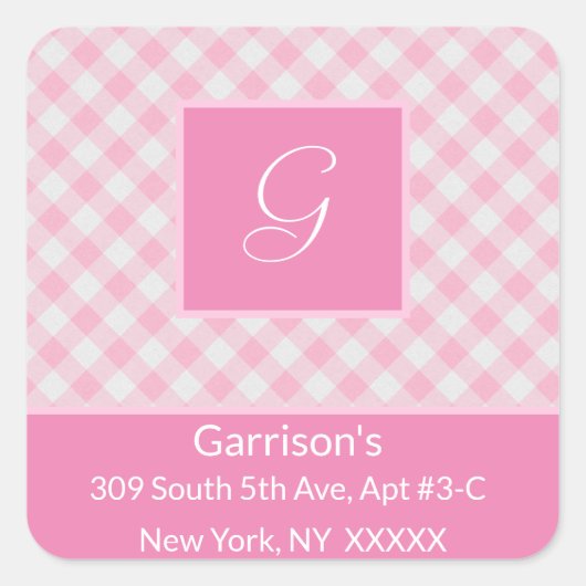 Karierte Rücksendeadresse Rosa und Weiß - Quadratischer Aufkleber (Vorderseite)