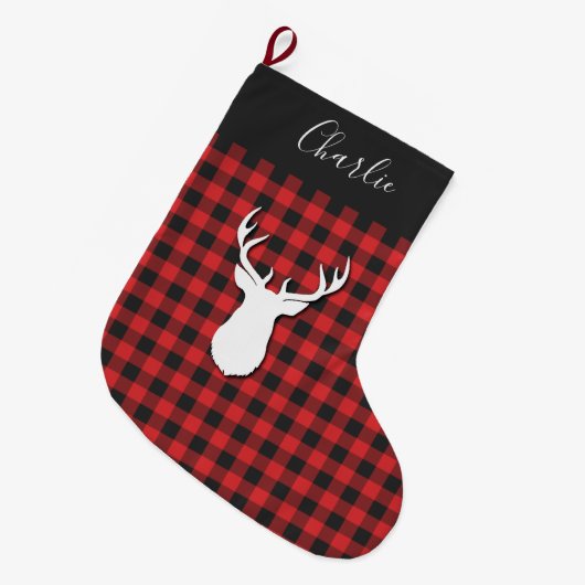 Karierte rustikale Script Christmas Deer Antlers Großer Weihnachtsstrumpf (Vorderansicht (hängend))
