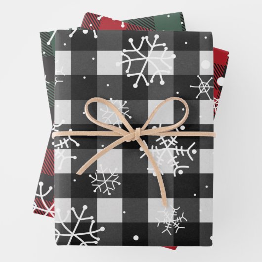 Karierte Schneeflocken aus weißem, schwarzem Rot Geschenkpapier Set (Beispiel)