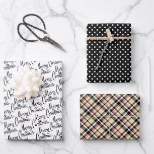 Karierte Schwarz-weiße Taupe Geschenkpapier Set