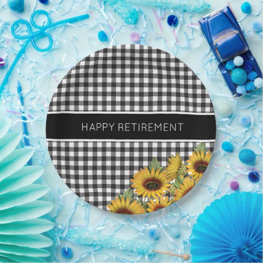 Karierte, schwarze und weiße Buffalo-Sonnenblumen Pappteller (Party)