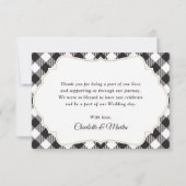 Karierte Sonnenblumenhochzeit in Schwarz und Weiß  Dankeskarte (Rückseite)