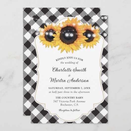 Karierte Sonnenblumenhochzeit in Schwarz und Weiß Einladung (Vorne/Hinten)