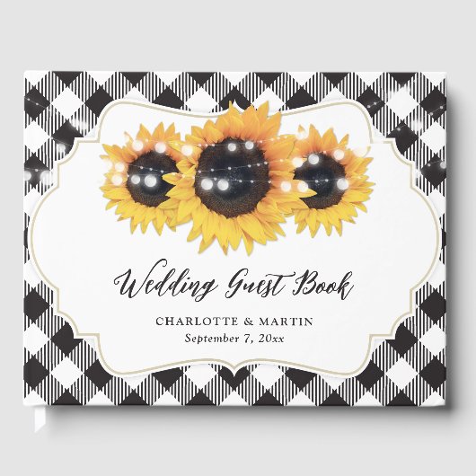 Karierte Sonnenblumenhochzeit in Schwarz und Weiß Gästebuch (Vorderseite)