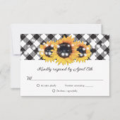 Karierte Sonnenblumenhochzeit in Schwarz und Weiß RSVP Karte (Vorderseite)