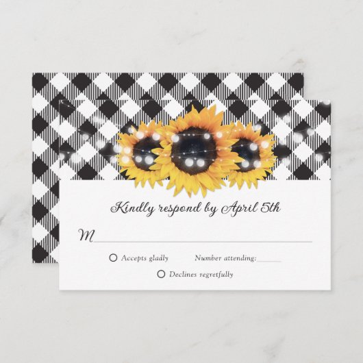 Karierte Sonnenblumenhochzeit in Schwarz und Weiß RSVP Karte (Vorne/Hinten)