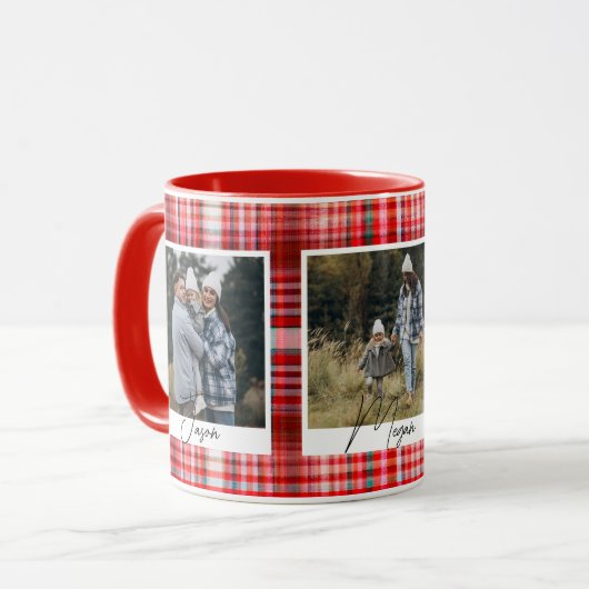 Karierte Stoffe in den Farben Rot und Weiß Fotos Tasse (Vorderseite Links)