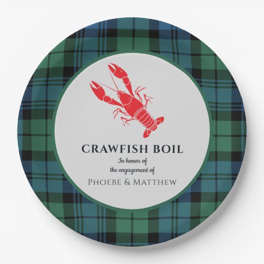 Karierte Tartan Crawfish Boil-Engagement-Partei Pappteller (Vorderseite)