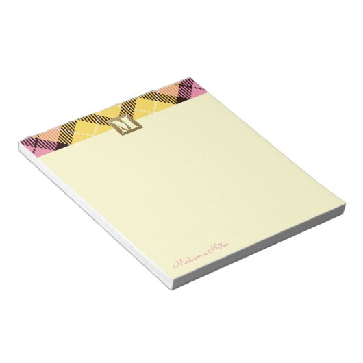 Karierte Tartan Leather Custom Script Monogram Cre Notizblock (angewinkelt)