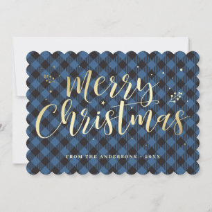 Karierte Typografie in Blau und Gold Buffalo Feiertagskarte