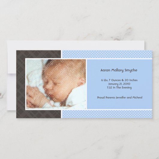 Karierte und Micro Dots Blue New Baby Foto Cards Ankündigung (Vorderseite)