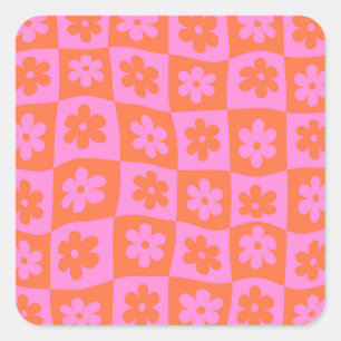 Karierte verzerrte Retro-Rosa- und Orangefarbene B Quadratischer Aufkleber