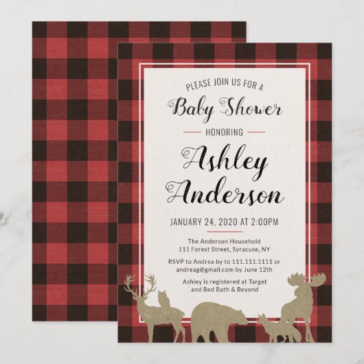 Karierte Waldtiere Kinderdusche Einladung (Vorne/Hinten)