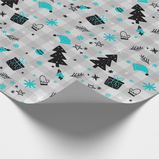 Karierte Weihnachten in Schwarz und Blau Geschenkpapier (Ecke)