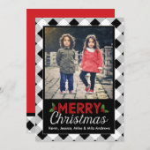 Karierte Weihnachts-Fotokarte in Schwarz und Weiß Feiertagskarte (Vorne/Hinten)