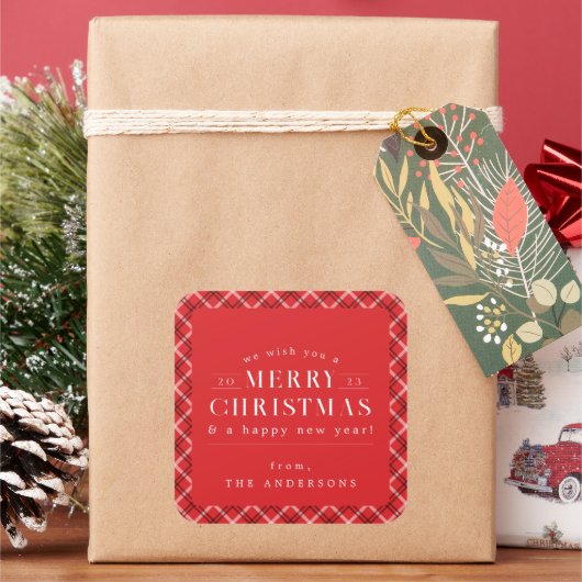 Karierte Weihnachtsfeiertage Quadratischer Aufkleber (Feiertag)