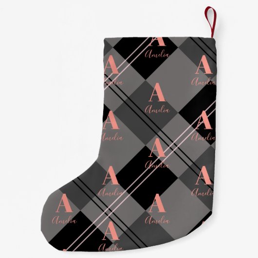 Karierte Weihnachtsmonogramm Grau Kleiner Weihnachtsstrumpf (Rückseite)