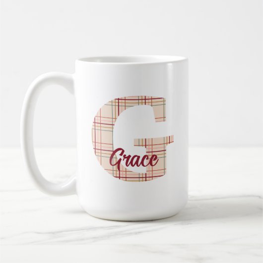 Karierte Weihnachtsmonogramm personalisiert Kaffeetasse (Links)
