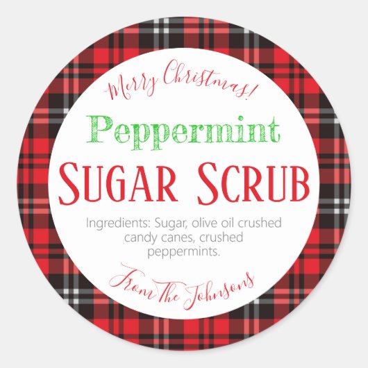 Karierte Weihnachtsschäfte Peppermint Sugar Scrub Runder Aufkleber (Vorderseite)