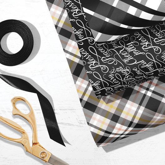Karierte Weihnachtstypografie in Schwarz und Weiß Geschenkpapier Set