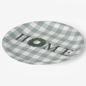 Karierte "ZUHAUSE" Typografie Stilvolle Bauernhaus Pappteller (Schrägansicht)