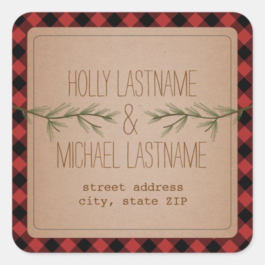 Karierter Adressenaufkleber für Evergreen Branches Quadratischer Aufkleber (Vorderseite)