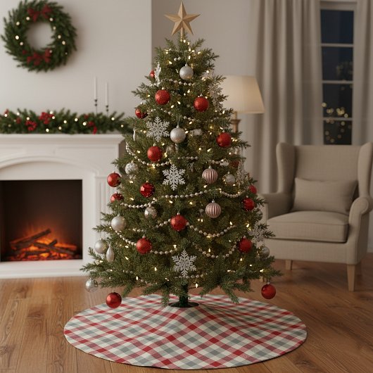 Karierter Bauernstil in Rot und Grau Polyester Weihnachtsbaumdecke