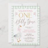 Karierter Bow Albern Gänse 1. Geburtstag Einladung (Vorderseite)